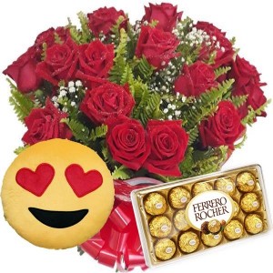 Buquê 12 rosas vermelhas+Emoji Apaixonado 28cm+Chocolate 12un