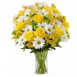 Arranjo no Vaso G com 12 Rosas Amarelas e Margaridas Brancas