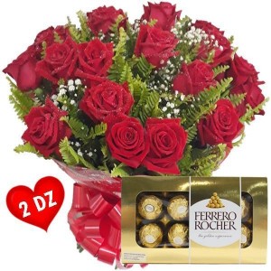 Buquê 24 Rosas Vermelhas+Chocolate 8un
