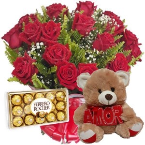 Buquê 12 Rosas Vermelhas+Urso Palavra Amor+Chocolate 12un