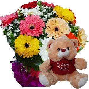 Buquê com 12 Rosas Gérberas Coloridas+ Urso 25cm "Te Adoro Muito"