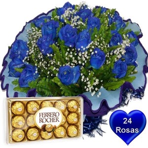Buquê 24 Rosas Azuis+Chocolate 12un