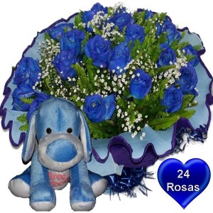 Buquê 24 Rosas Azuis + Cachorro Azul "Te Amo"
