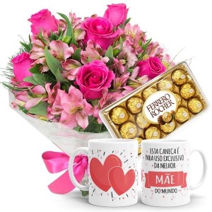 Mini Buquê com 6 Rosas Pink e Astromélias Rosa+Chocolate 12un+ 1Caneca Exclusiva da melhor MÃE 330ml