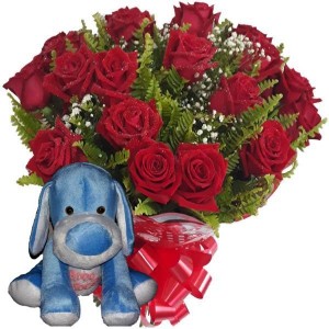 Buquê 12 Rosas Vermelha + Cachorro de Pelúcia Amo Você Azul