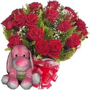 Buquê 12 Rosas Vermelhas + Cachorro Rosa 25cm "Amo Você"