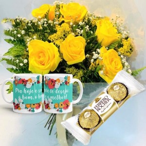Mini Buquê com 6 Rosas Amarelas+1Caneca "Para Hoje e sempre..."+Chocolate 3un