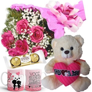 Mini buquê com 6 Rosas Pink+Urso 25cm "Eu te Amo"+1Caneca "Você Foi a melhor coisa..."+Chocolate 3un