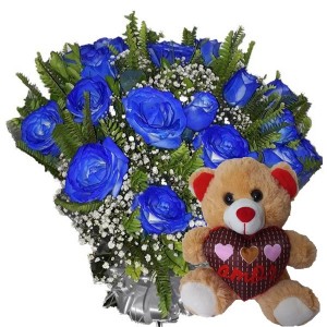 Buquê 12 Rosas Azuis + Urso Coração Amor 20cm