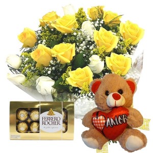 Buquê 12 Rosas Brancas e Amarelas+Chocolate 8un+Urso Coração Amor 20cm