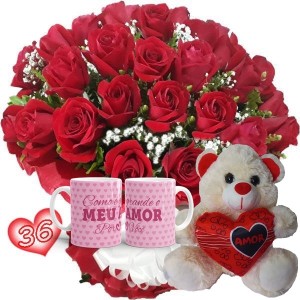 Buquê com 36 Rosas Vermelhas+Urso Coração Amor 15cm+1Caneca Rosa "Como é grande..."