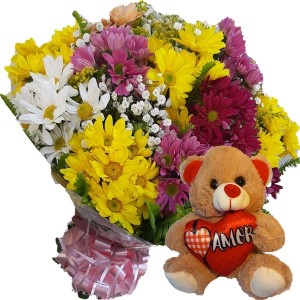 Buque com Flores Campestre+Urso Coração Amor 20cm