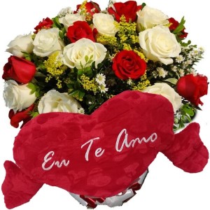 Buquê 12 Rosas Vermelhas e Brancas+Coração Grande "Eu Te Amo" 75x42