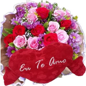 Buquê 12 Rosas Vermelhas e Rosa e Margaridas+Coração Grande "Eu Te Amo" 62x34