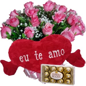 Buquê 12 Rosas cor Rosa+Chocolate 12un+Coração Grande "Eu Te Amo" 75x42