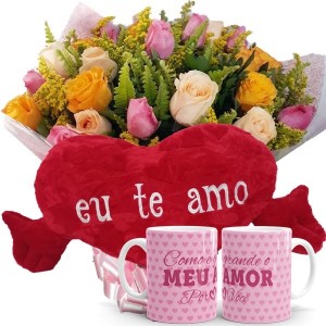 Buquê 12 rosas Amarelas, Chá e Rosa+1Caneca Rosa "Como é Grande o meu amor"+Coração Grande "Eu Te Amo" 75x42