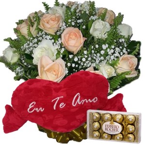 Buque com 12 Rosas chá e Branca+Chocolate 12un+Coração Grande "Eu Te Amo" 75x42