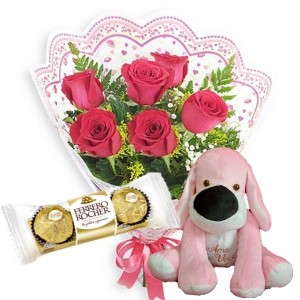 Mini Buquê com 6 Rosas Vermelhas+Cachorro Rosa "Te Amo"+Chocolate 3un