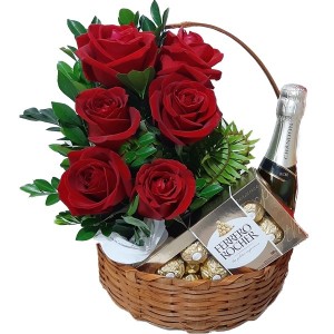 Cesta com 6 Rosas Vermelhas + Chocolate 8un + Espumante Chandon Baby