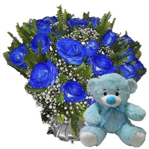 Buquê com 12 Rosas Azuis+Urso Pelúcia Azul 25cm