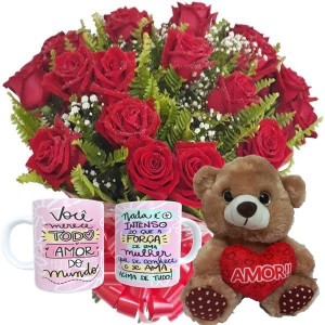 Buquê com 12 Rosas Vermelhas+1Caneca Mulher+Urso Coração Amor 15cm