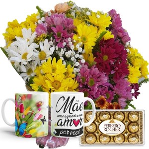 Buquê com Flores Campestres+Chocolate 12un+1Caneca "Mãe Como é Grande o meu...."