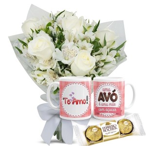 Mini Buquê com 6 Rosas Brancas e Astromélias Brancas+1Caneca "Vó mãe com açucar'"+Chocolate 3un