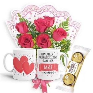 Mini Buquê com 6 Rosas Vermelhas+1Caneca Exclusiva Melhor Mãe+Chocolate 3un