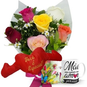 Mini Buquê com 6 Rosas Coloridas+1Caneca Mãe Como é grande ...+Coração Você é Especial 30x65