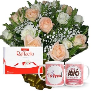 Buquê com 12 Rosas Brancas e Chá+Rafaello 9un+1Caneca "Vó Mãe com açucar"