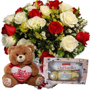 Buquê 12 Rosas Vermelhas e Brancas+Urso Pelúcia "Eu te amo" 30cm+Chocolate 6un (Rafaello e Ferrero)