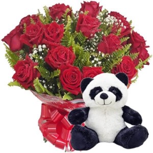 Buquê 12 Rosas Vermelhas+Urso Panda 25cm