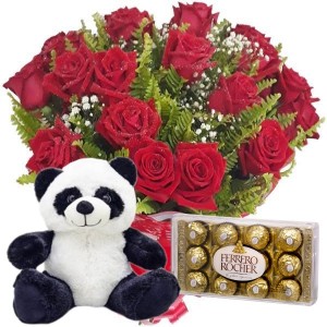 Buquê 12 Rosas Vermelhas+Urso Pelúcia Panda 25cm+Chocolate 12un