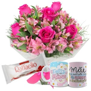 Mini buque 6 Rosas Pink e Astromélias+1Caneca "Feliz dia das Mães"+Chocolate Rafaello 3un