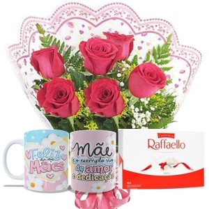 Mini buque 6 Rosas Vermelhas+1Caneca "Feliz dia das Mães"+Chocolate Rafaello 9un
