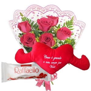 Mini buquê 6 Rosas Vermelhas+Chocolate Rafaello 3un+Coração Pelúcia "Como é grande meu..."