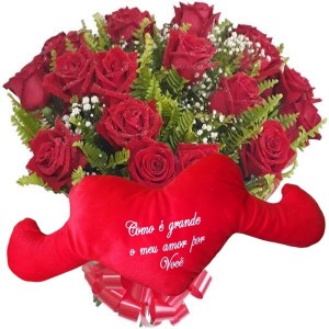 Buquê com 12 Rosas Vermelhas+Coração Pelúcia "Como é grande o meu amor..." 65x30