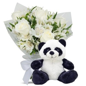 Mini buquê 6 Rosas Brancas e Astromélias Brancas+Urso Pelúcia Panda 25cm