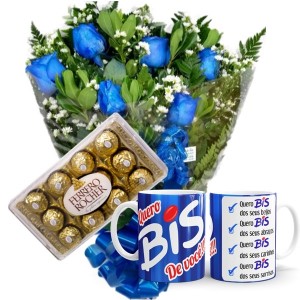 Mini Buquê com 6 Rosas Azuis+1Caneca BIS+Chocolate 12un