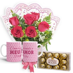 Mini Buquê com 6 Rosas Vermelhas+Chocolate 12un+1Caneca Rosa "Como é grande..."