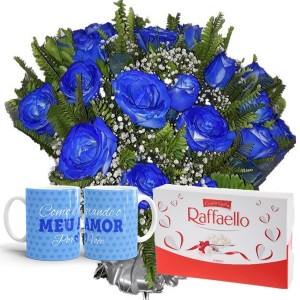 Buquê 12 Rosas Azuis+Chocolate Rafaello 9un+1Caneca Azul "Como é Grande o meu amor"