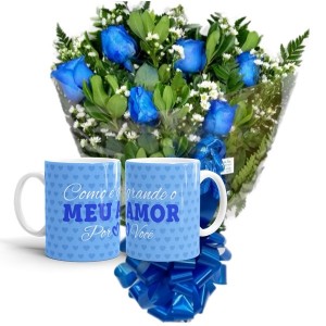 Mini Buquê com 6 Rosas Azuis+1Caneca Azul "Como é Grande o meu amor"