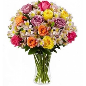 Arranjo no Vaso G com 12 Rosas Coloridas e Astromelias Coloridas
