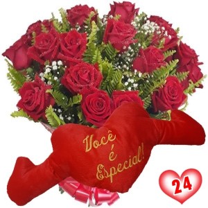 Buquê 24 Rosas Vermelhas+Coração Pelúcia Você é Especial 65x30