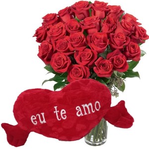 Arranjo no Vaso G com 24 Rosas Vermelhas+Coração Grande "Eu Te Amo" 75x42