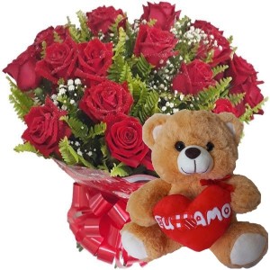 Buquê 12 Rosas Vermelhas+Urso 25cm "Eu te Amo"