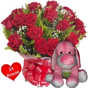 Buquê 24 Rosas Vermelhas+Cachorro Rosa "Amo Você"