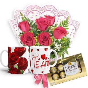 Mini Buquê com 6 Rosas Vermelhas+Chocolate 8un+Caneca Te amo (Plástica Polímero)