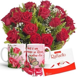 Buquê 12 Rosas Vermelhas+Chocolate Rafaello 9un+1Caneca "Você é um presente de Deus" (Plástica Polímero)
