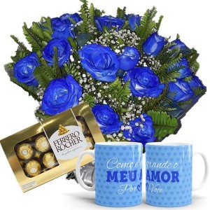 Buquê 12 Rosas Azuis+Chocolate 8un+Caneca Azul"Como é Grande..."